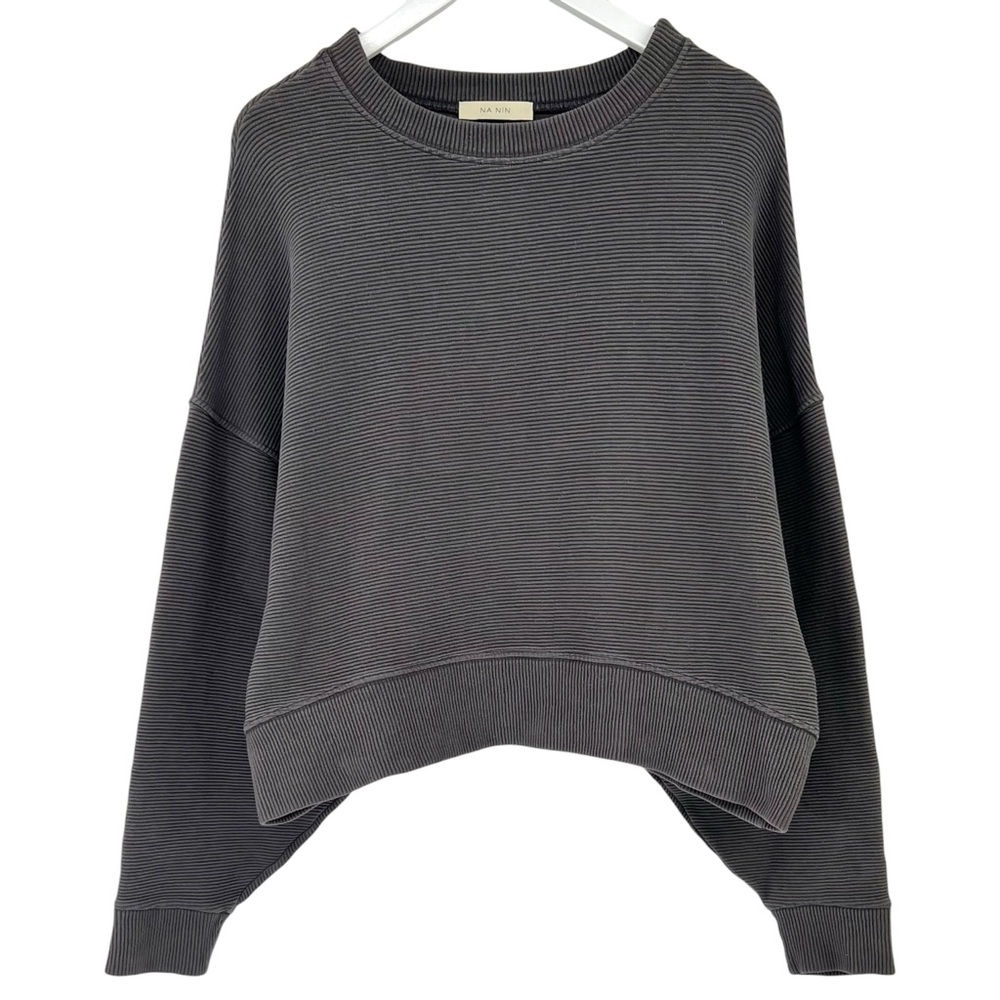 Na Nin Margot Rippled Cotton Cropped Gray Oversized Ribbed Loose Fit Sweatshirt